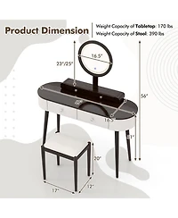 Solid Wood Makeup Vanity Desk Set with Led Lighted Mirror Drawers Cushioned Stool