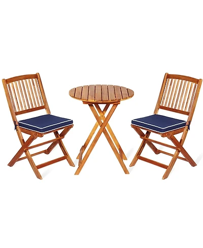Gymax 3PC Folding Patio Conversation Set Acacia Wood Bistro Set w/ Cushions
