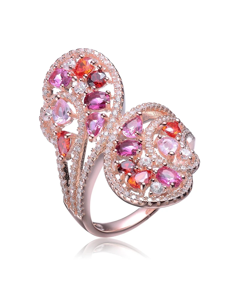 Sterling Silver with 18K Rose Gold Plated Multi Colored Pear Oval and Round Cubic Zirconia Swirl Bypass Ring