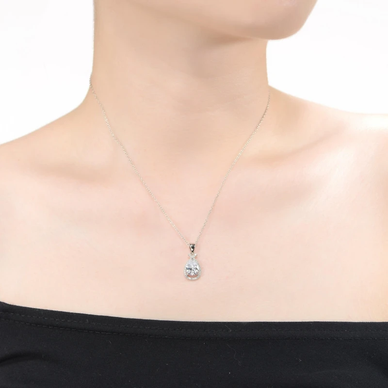 White Gold Plated with Cubic Zirconia Pear Rain Droplet Infinity Love Knot Pendant Necklace