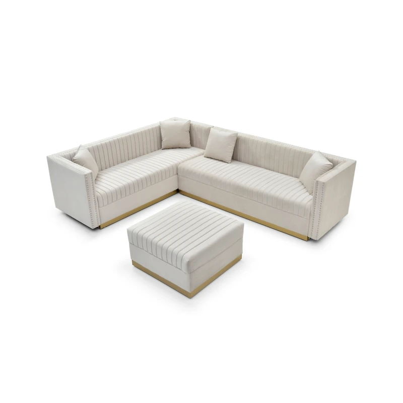 Streamdale Furniture Big Beige Velvet Ottoman with Vertical Tufting