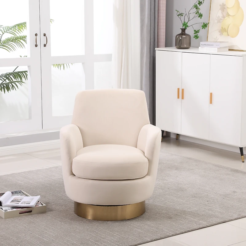 Simplie Fun Beige Velvet Swivel Accent Chair with Gold Base
