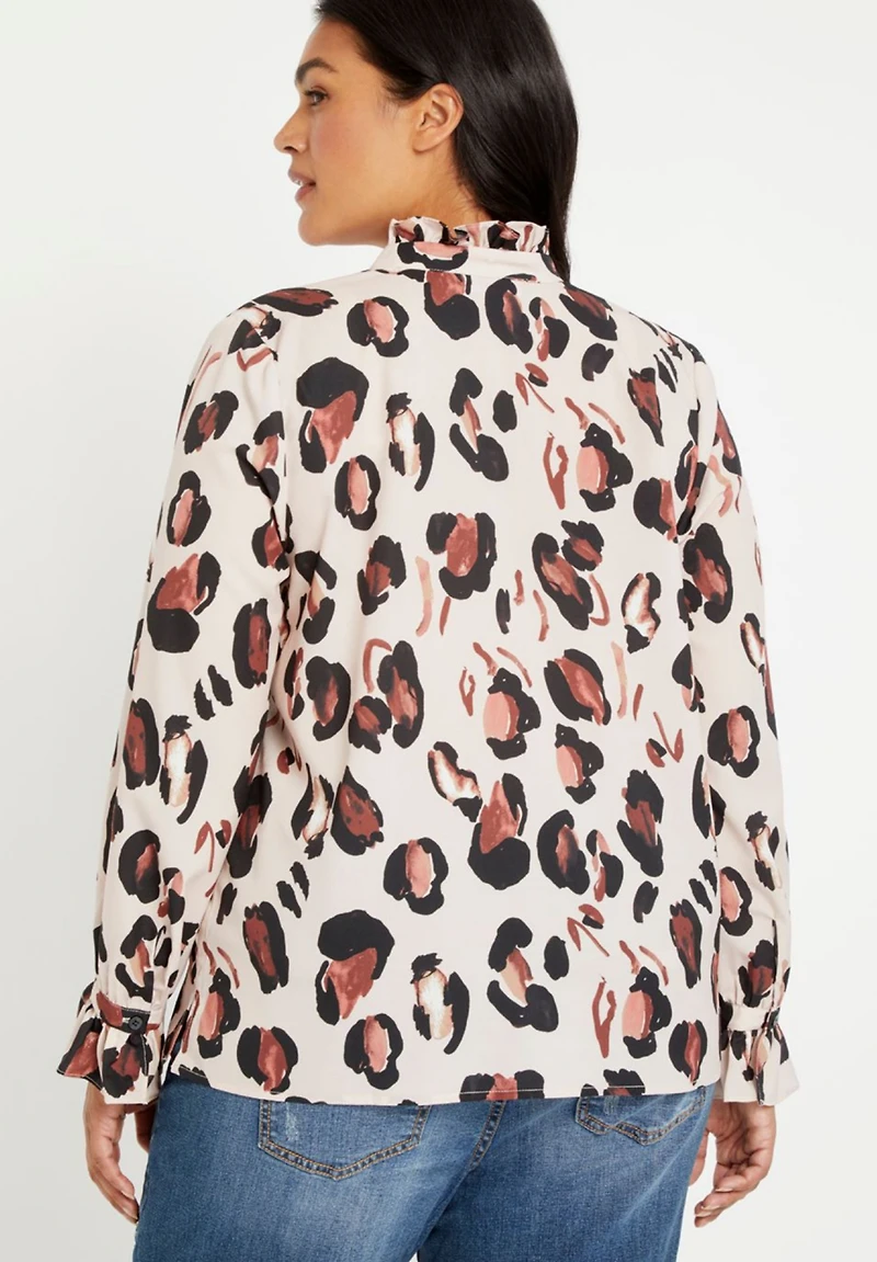 Eloquii Women's Printed Button Down Shirt With Ruffle Neck