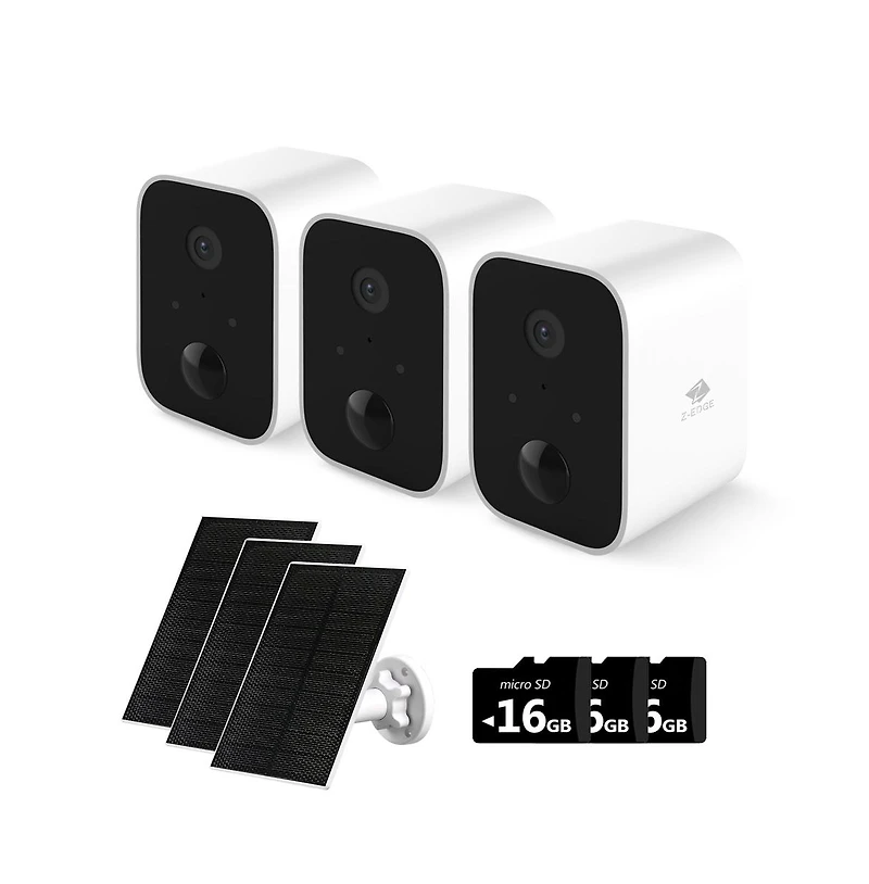 SW03-White 3 Packs 1080P Full Hd Wireless Smart Cameras with Solar Panels and 16GB Tf Card, Supports Night Vision, Wi-Fi and Smartphone App
