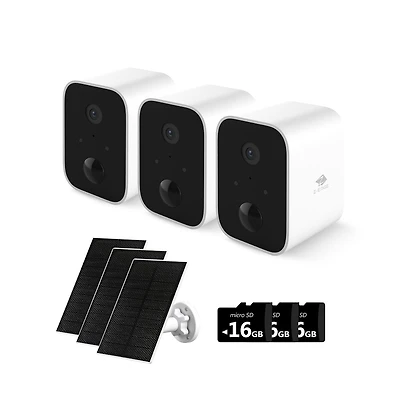 SW03-White 3 Packs 1080P Full Hd Wireless Smart Cameras with Solar Panels and 16GB Tf Card, Supports Night Vision, Wi-Fi and Smartphone App