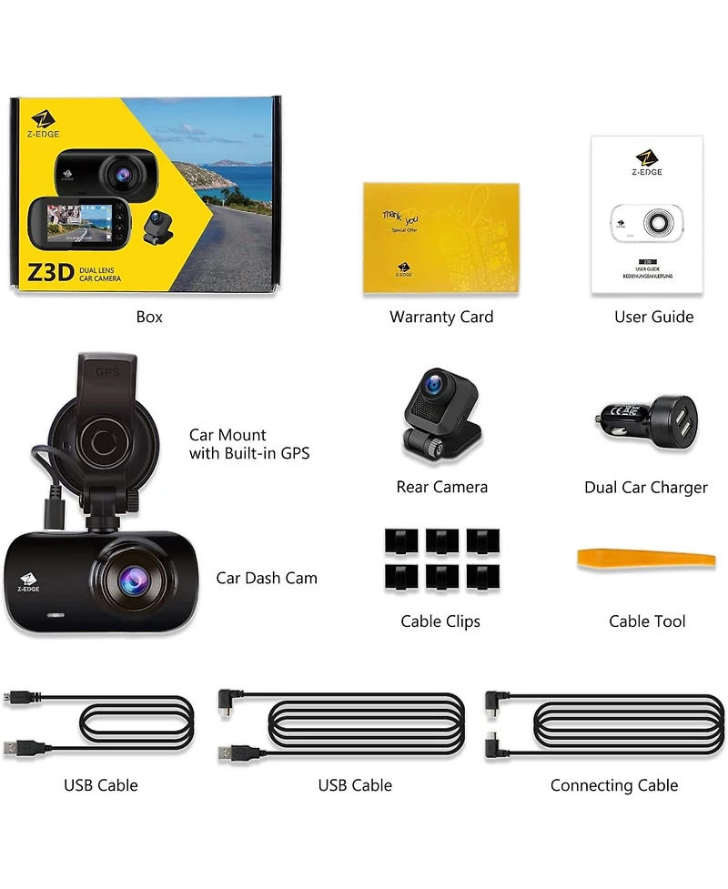 Z-edge 2K 2560x1440 Dual Lens Dash Cam, Front and Rear Dash Camera with Gps