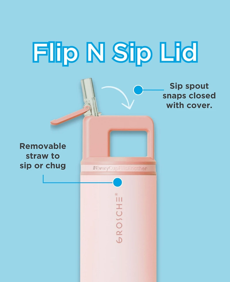 Grosche Alpine Flip 'N Sip Insulated, Leakproof Water Bottle with Straw, 20 Oz, 2pk