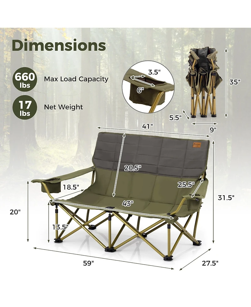 Gymax Oversized Camping Chair Folding Loveseat Camping Couch w/ Cup Holders & Padding Green
