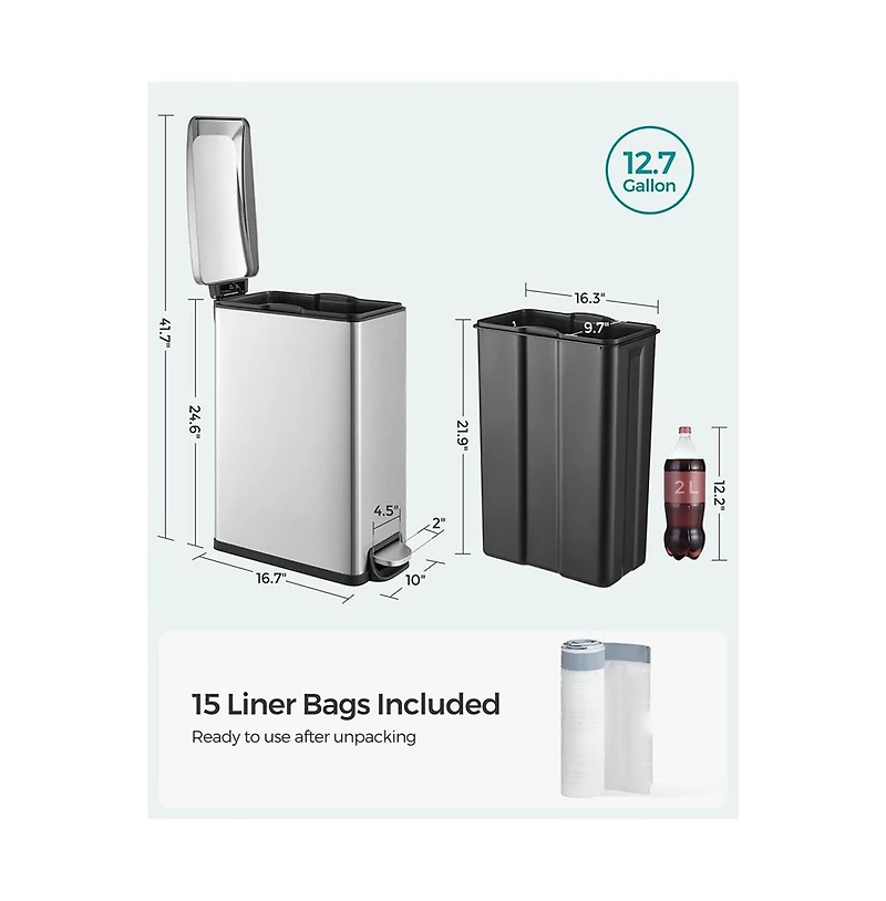 Slickblue 12.7 Gallon Garbage Can For Narrow Spaces With Soft-close Lid