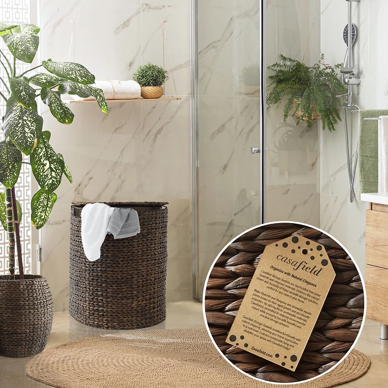 Casafield Half Moon Laundry Hamper with Lid and Removable Liner Bag - Natural, Woven Water Hyacinth Basket Sorter for Clothes