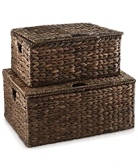 Casafield Set of 3 Water Hyacinth Storage Baskets (Small/Medium/Large), Multipurpose Organizer Rectangular Totes with Removable Lids