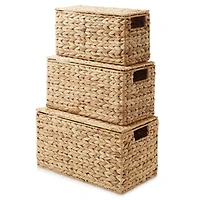 Casafield Set of 3 Water Hyacinth Storage Baskets with Lids, Natural - Small, Medium, Large
