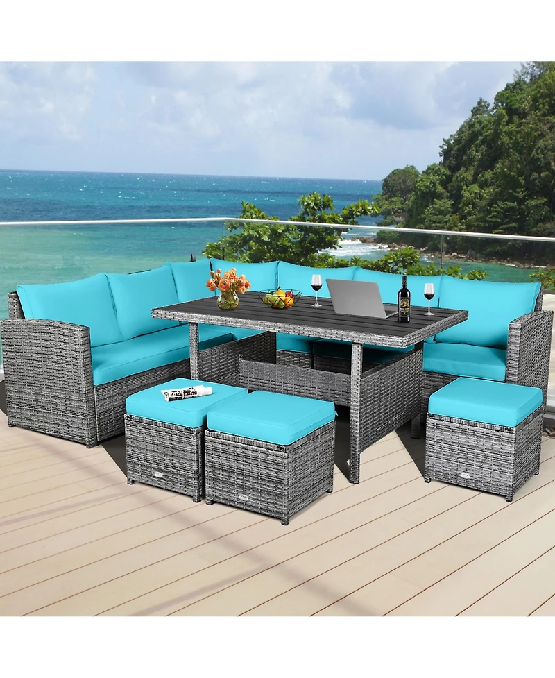 Gymax 7PCS Rattan Patio Sectional Sofa Set Conversation Set w/ Turquoise Cushions