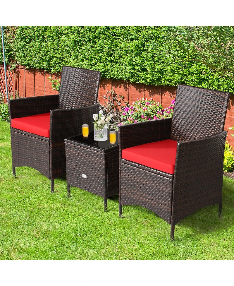 Gymax 3PCS Outdoor Rattan Conversation Set Patio Furniture Set w/ Red Cushions