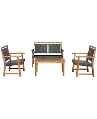 Gymax 4PCS Patio Acacia Wood Conversation Set Outdoor Rattan Furniture Set