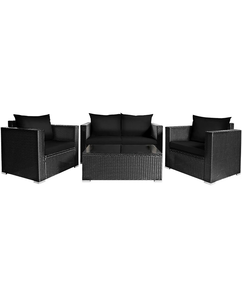 Gymax 8PCS Rattan Patio Conversation Set Outdoor Furniture Set w/ Black Cushions