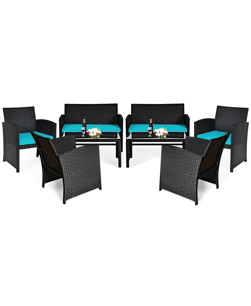 Gymax 8PCS Rattan Outdoor Conversation Set Patio Furniture Set w/ Turquoise Cushions