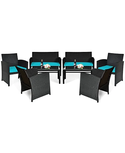 Gymax 8PCS Rattan Outdoor Conversation Set Patio Furniture Set w/ Turquoise Cushions