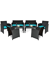 Gymax 8PCS Rattan Outdoor Conversation Set Patio Furniture Set w/ Turquoise Cushions