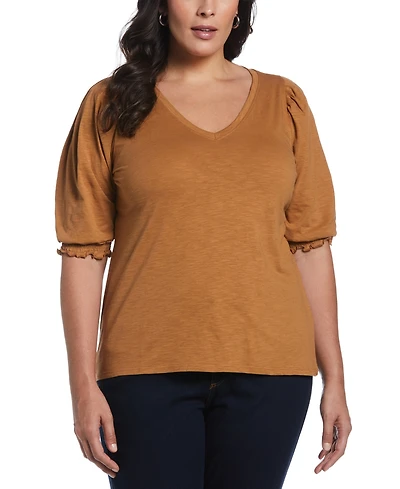 Ella Rafaella Plus Size Cotton Smocked Elbow Sleeve Top