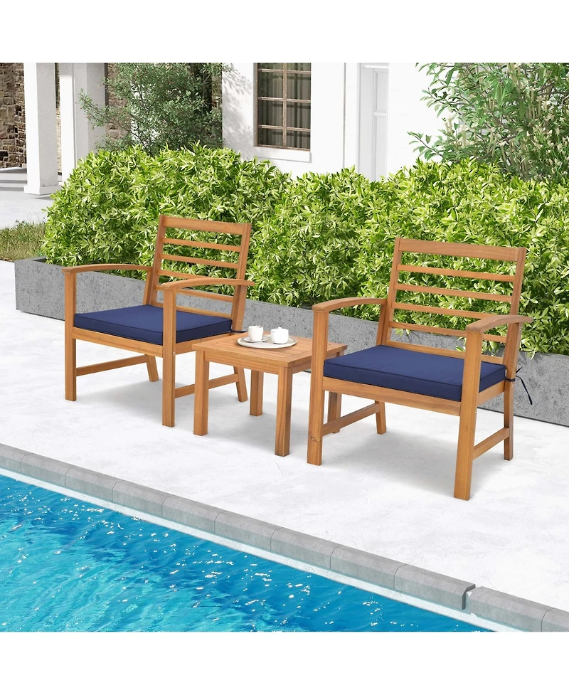 3 Pcs Outdoor Furniture Set Acacia Wood Conversation with Soft Seat Cushions