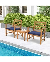 3 Pcs Outdoor Furniture Set Acacia Wood Conversation with Soft Seat Cushions