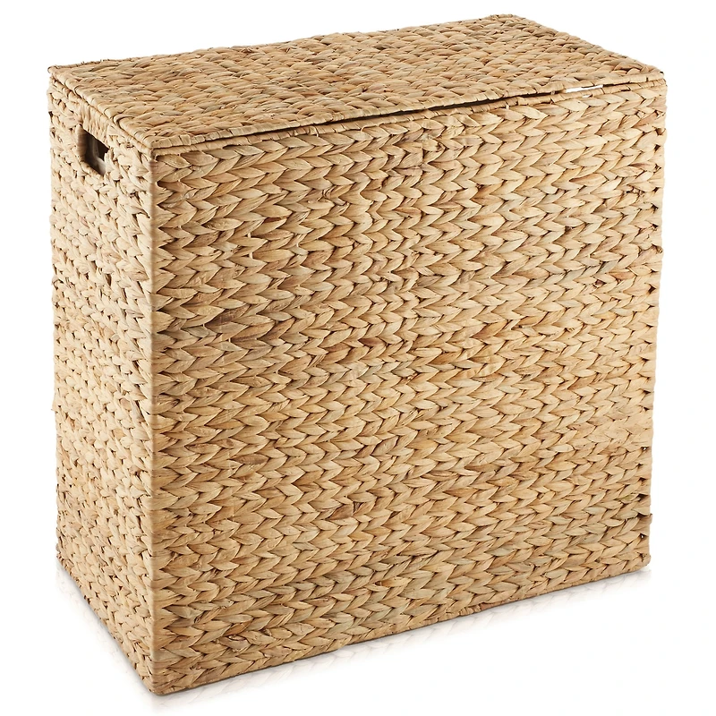 Casafield 2-Section Laundry Hamper with Lid and Removable Liner Bags - Natural, Woven Water Hyacinth Laundry Basket for Clothes