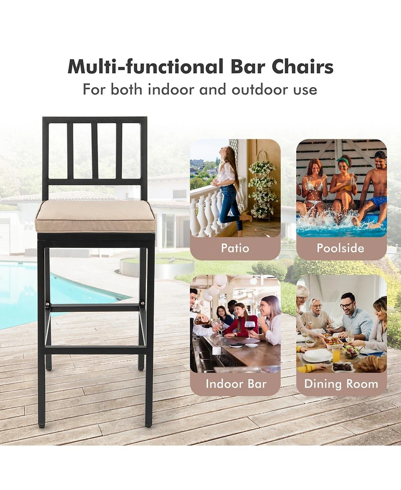 Set of 2 Patio Bar Chairs with Detachable Cushion and Footrest