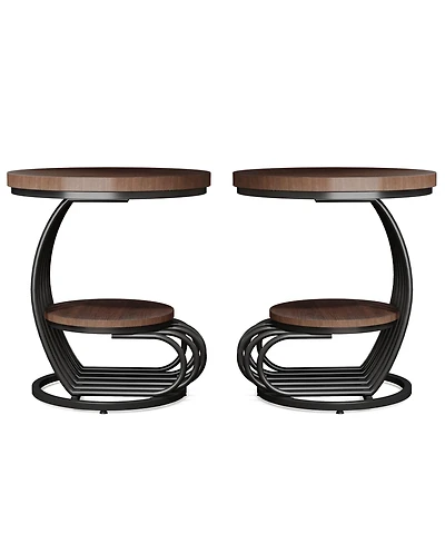 Tribesigns Round End Side Table: 2 Tiers Side Table Set of 2, Vintage End Table for Living Room, Small Bedside Table Accent Table with Arc-Shaped Fram