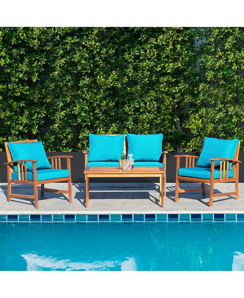 Gymax 4pcs Wooden Patio Furniture Set Table & Sectional Sofa w/ Turquoise Cushion