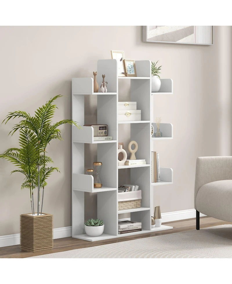 Bookshelf Tree-Shaped Bookcase with 13 Storage Shelf Rustic Industrial Style