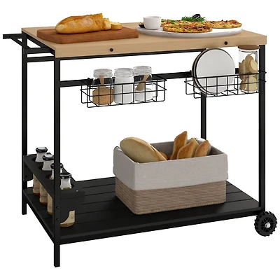 Outsunny Outdoor Bar Cart Patio Serving Cart with Wine Holders Natural