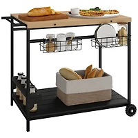 Outsunny Outdoor Bar Cart Patio Serving Cart with Wine Holders Natural