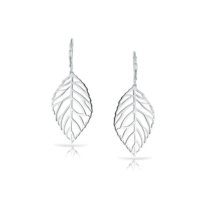 Bling Jewelry Large Tribal Nature Style Lightweight Open Leaf Feather Drop Dangle Lever Back Earrings Sterling Silver
