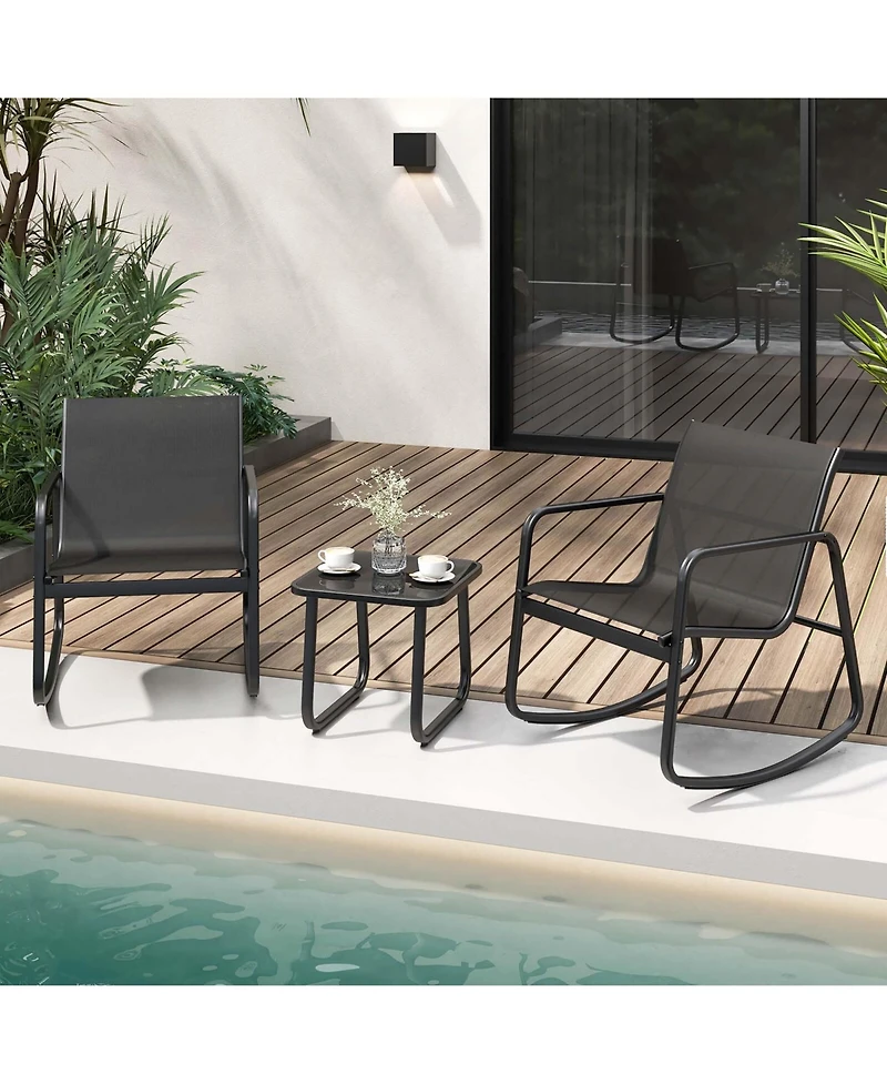 Costway 3 Piece Patio Rocking Set 2 Rocking Bistro Chairs & Glass-Top Table for Porch
