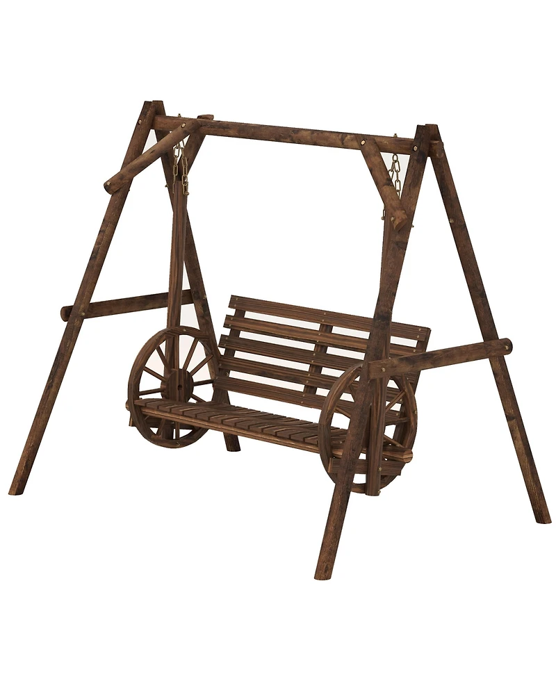 Outsunny 2 Seat Porch Swing w/ Stand, Wagon Wheel Arms, Carbonized Brown