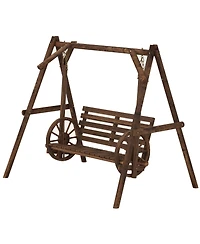 Outsunny 2 Seat Porch Swing w/ Stand, Wagon Wheel Arms, Carbonized Brown