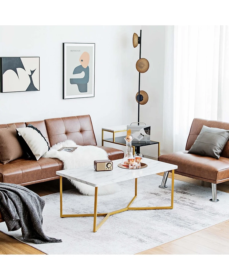 Modern Coffee Table with Faux Marble Tabletop & Golden Y-shaped Legs Foot Pads