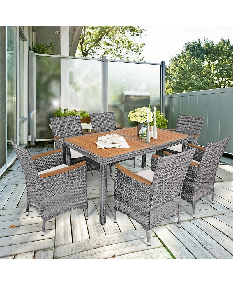 7 Pieces Patio Acacia Wood Cushioned Pe Rattan Wicker Dining Set