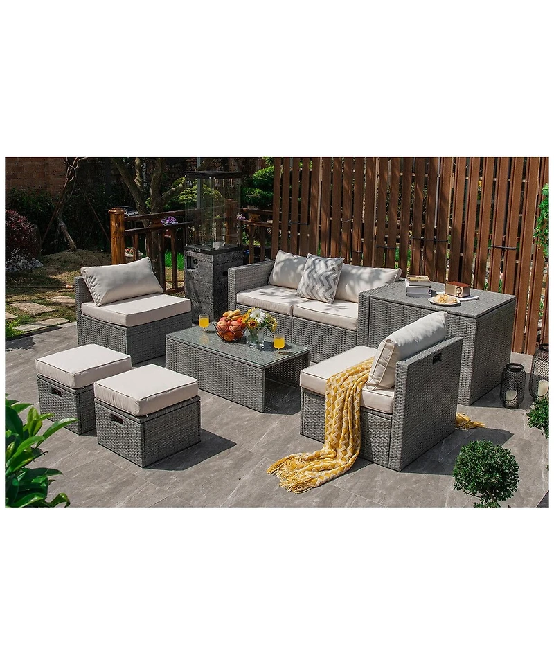 Inolait 8 Pieces Patio Rattan Furniture Set with Storage Waterproof Cover and Cushion