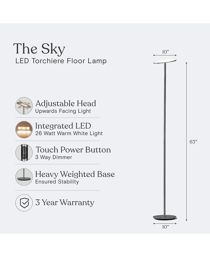 Sky 63" Super Bright Led Torchiere Modern Floor Lamp with Adjustable Head