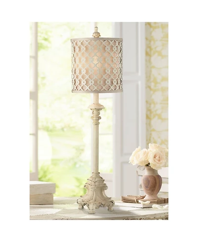 French Country Traditional Candlestick Buffet Table Lamp Vintage like 34" Tall Skinny Ivory Off White Metal Lattice Double Shade for Living Room