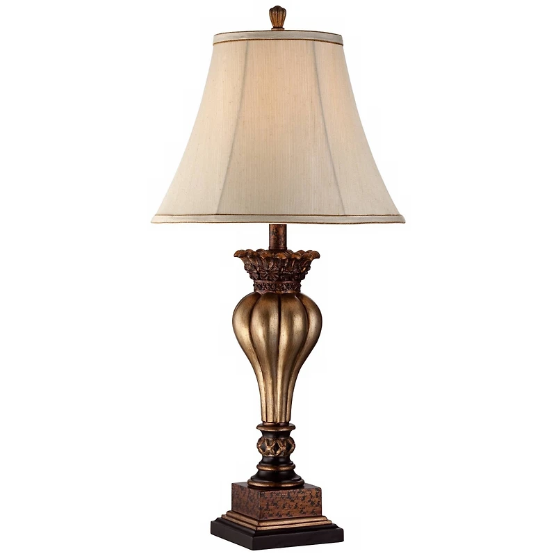 Regency Hill Senardo Traditional Table Lamp 30" Tall Gold Vase Silhouette with Fluting and Floral Tan Bell Shade for Bedroom Living Room Bedside