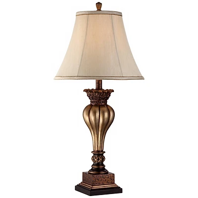 Regency Hill Senardo Traditional Table Lamp 30" Tall Gold Vase Silhouette with Fluting and Floral Tan Bell Shade for Bedroom Living Room Bedside