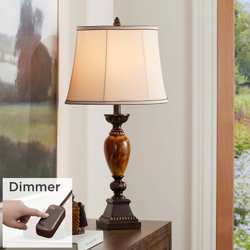 Mulholland Traditional Vintage like Table Lamp with Tabletop Dimmer 30" Tall Bronze Golden Marbleized Off White Shade for Living Room Bedroom Hou