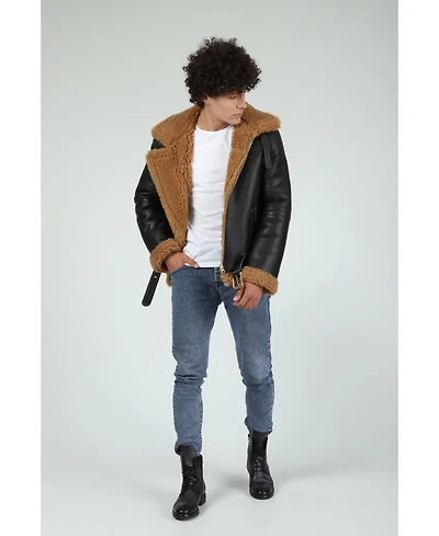 Men's Aviator Jacket, Silky Brown with Ginger Curly Wool