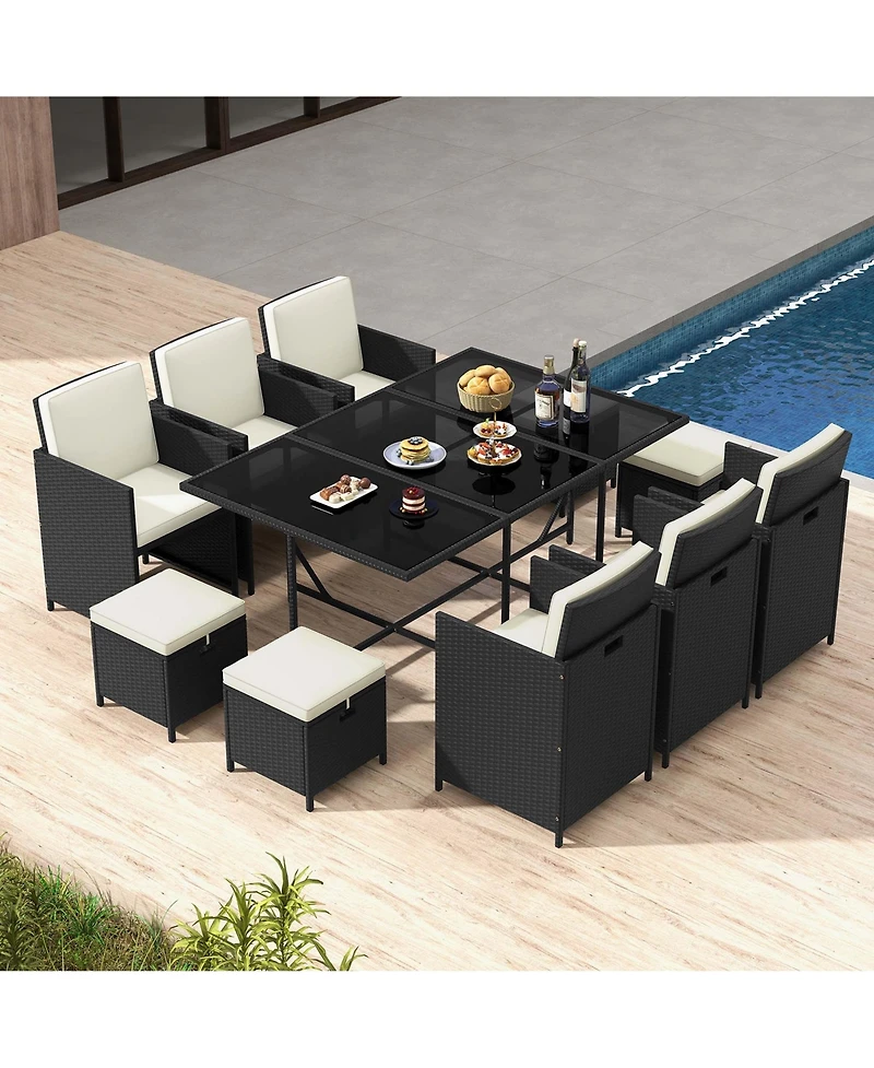 Costway 11 Pieces Patio Dining Set Space-saving Wicker Chairs & Tempered Glass Table