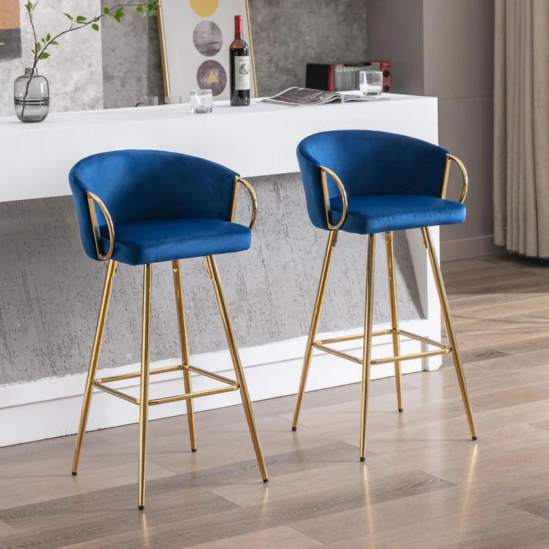 Streamdale Furniture 30 Inch Set Of 2 Bar Stools, With Chrome Footrest And Base Velvet + Golden Leg Simple Barstool, Blue