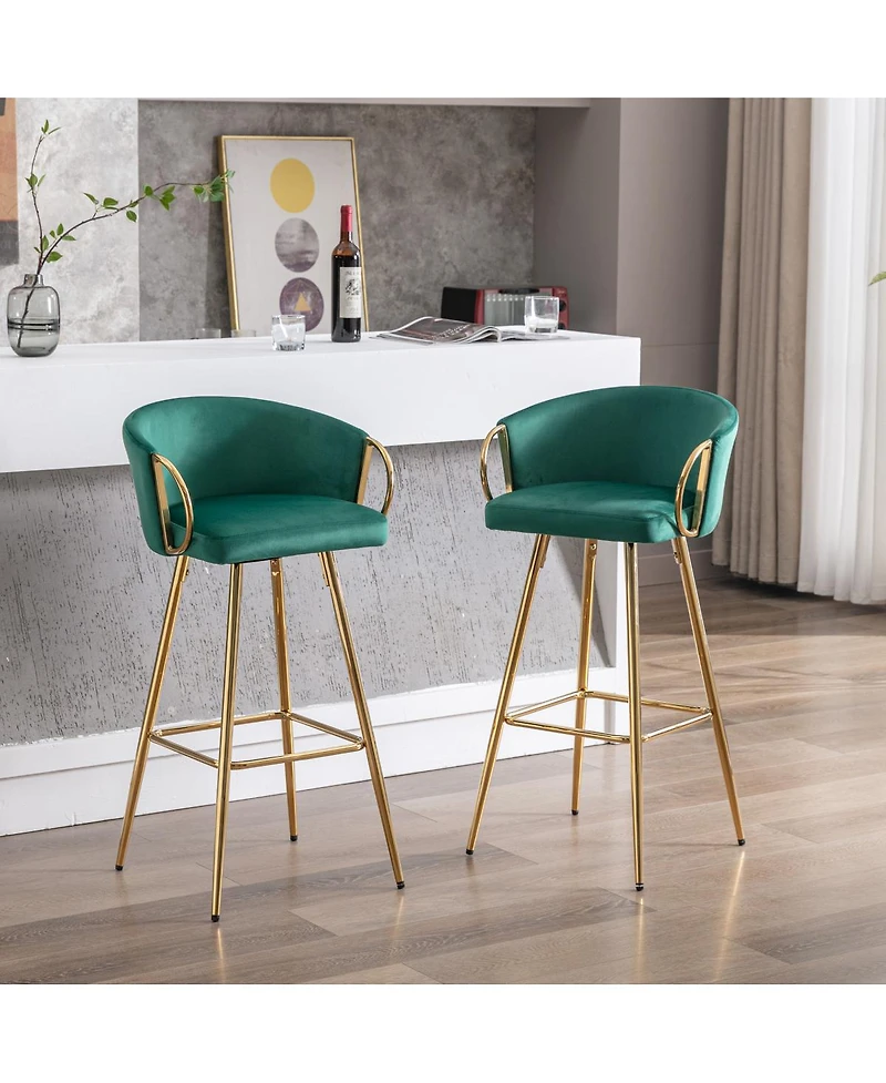 Streamdale Furniture 2 Green Velvet Bar Stools with Chrome and Golden Accents