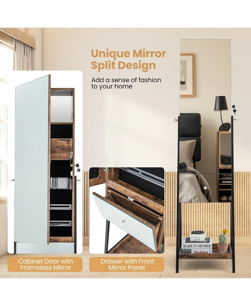Sugift Lockable Freestanding Jewelry Organizer with Full-Length Frameless Mirror